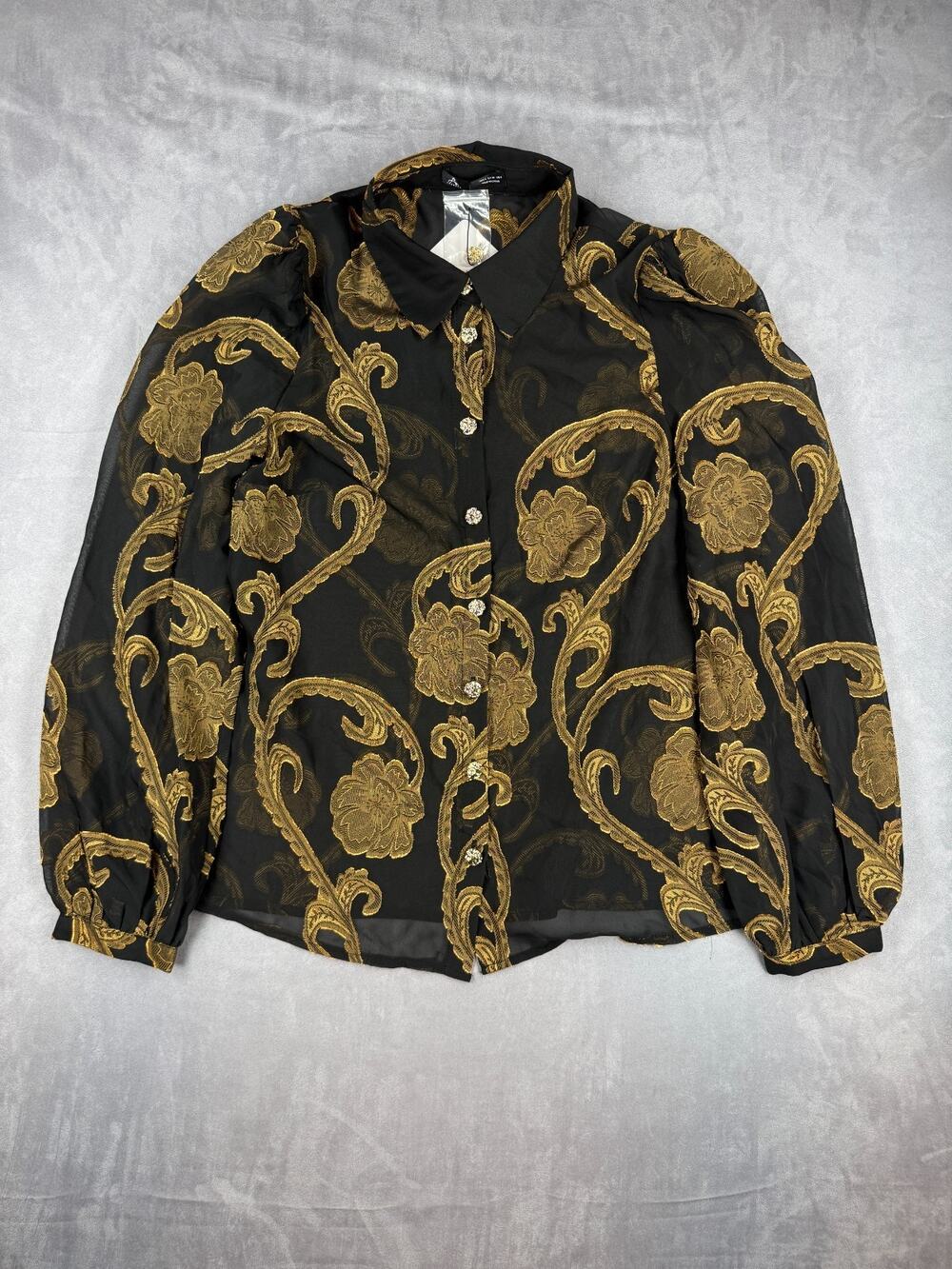 Anewsta Women’s S Long Sleeve Sheer Black Gold Floral Scroll Embroidered Top NWT
